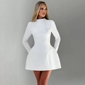 Elegant white backless mini dress with long sleeves and structured A-line skirt - S / White