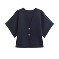 Women's navy blue short sleeve V-neck knit cardigan with elegant gold metal buttons - S / Navy Blue