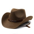 Brown straw western cowboy hat with blue turquoise beads and adjustable chin strap - Coffee