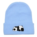 Hellblaue Strickmütze mit niedlicher Panda-Stickerei und Umschlag für warme Wintertage - 54-60cm / Himmelblau