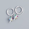 S925 silver hoop earrings with star charms featuring multi-color gemstones - 925 Silver / White Gold
