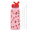 Borraccia sportiva 1L rosa motivo fragola con tappo rosso, cannucce e spazzola per pulizia - Rosa Chiaro 11U