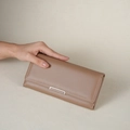 Elegant khaki long tri-fold wallet for women with slim metal decorative bar detail - Khaki