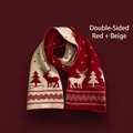 Detail of red and cream Christmas knit scarf featuring elk and snowflake jacquard patterns - Christmas Deer Double-Sided Knit / Red