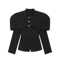 Detail of elegant black blazer with a wide cape design and decorative gold buttons - S / Black