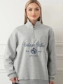 Oversize-Sweatshirt in Grau mit Viertelreißverschluss, Polokragen und Vintage-Stickerei - S / Hellgrau (Dünn)