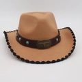 Cappello da cowboy in feltro color cammello con accenti turchesi e fibbia a testa di toro - Stile Testa di Toro Turchese / Cammello Bordo Nero