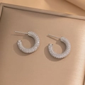 Sparkling silver C-shaped titanium steel earrings with full pave cubic zirconia stones - Silver Full Zirconia C-Shaped Earrings (251)