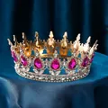 Luxury gold bridal tiara with pink teardrop gemstones and white crystals on blue base - Gold Base Rose Red Rhinestone