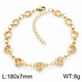 Gold stainless steel heart bracelet with pink and champagne zircon stones, 180mm length - Gold (KB183052-TJG)