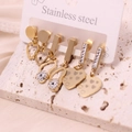 Three-pair gold stainless steel earring set with heart, padlock, and zircon charms - Style 5