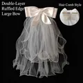 Two-layer ruffled bridal veil with large satin bow and comb in white finish - Large Bow Ruffled Double Layer Veil Hair Comb (65CM)