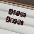 Handmade burgundy cat-eye press-on nails with leopard print and silver details. - XS / Ultra Short Coffin