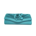 Elegant turquoise satin evening clutch bag with handmade rose flower and pleated design - 27*10*5cm / Malachite green