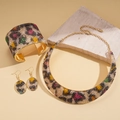 Four-piece leopard resin jewelry set including choker, cuff bracelet, and drop earrings - Multicolor Leopard Print 3-Piece Set (Necklace + Bracelet + Earrings)