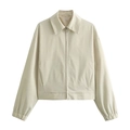 Women's minimalist beige long sleeve zip-up jacket with lapel collar and elastic cuffs - S / Off White