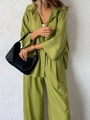 Grass green two-piece shirt and wide-leg pants set for women with fabric texture - S / Green