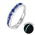 Luminous S925 silver ring with blue enamel wave pattern and sparkling zircons - Fdjz-484-men's / Adjustable Open