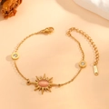 Gold plated stainless steel sunburst bracelet with pink opal stone and Roman charms - Gold Pink Cat's Eye (I518)