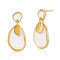 Irregular golden earrings with white enamel and leaf detail in a polished finish - White Irregular Pebble Earrings (KE0722-2)