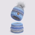 Ensemble bonnet et écharpe en maille rayée avec pompon gris et doublure polaire - Bleu