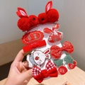 Red festive hair clips set for girls with plush rabbit and Chinese embroidery - Red Rabbit Hair Clip 9-Piece Set