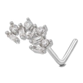 Silver L-shaped nose stud with sparkling cubic zirconia cluster in a refined metal setting - Geometric Spray Style (BD00729) / Silver