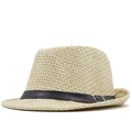 Classic straw fedora hat in beige with black leather band and silver buckle on white background - M(56-58cm) / Beige