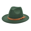 Detail of dark green wool fedora with brown leather strap and decorative metal studs - M (56-58cm) / Dark Green