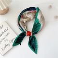 Pleated square scarf in green and white floral print with elegant accordion folds - 70cm / Lotus Under Moonlight