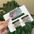 Detailed view of three cute acrylic hippo hair clips and pink flower hairpins for girls - Water Spray Running Big Mouth Hippo Clip 3PCS Set