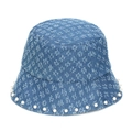 Cappello da pescatore in denim blu con fiori ricamati e bordo di perle - Blu Chiaro(B)