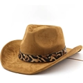 Cappello da cowboy marrone in finta pelle scamosciata con fascia leopardata e borchie - M(56-58cm) / Cachi