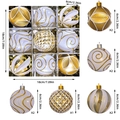 Set di 9 palline di Natale da 6cm in bianco e oro con glitter e decorazioni a rilievo - Placcato oro bianco