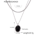 Double layer silver titanium necklace with large oval black glass pendant - Silver Necklace With Black Glass Pendant