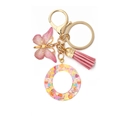 Pink butterfly and tassel keychain with sequin-filled resin letter O and gold hardware - Letter O