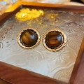 Vintage gold stud earrings with round tiger eye stone and twisted rope frame - 27# Silver Pin-Coffee Twist Circle