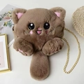 Cute brown plush cat crossbody bag with soft faux fur and elegant gold chain strap - Dark Coffee