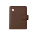 Dark brown leather RFID passport holder with gold airplane icon and snap closure strap - Dark Brown