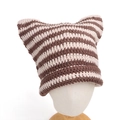 Knitted cat ear beanie with brown and cream stripes on a white mannequin head - M (56-58cm) / Coffee