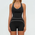 Ensemble de yoga noir deux pièces avec liserés blancs et short de fitness taille haute - S / Haut Et Bas / Débardeur + Short / Noir Premium