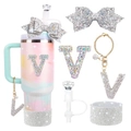 Letter V Stanley Cup accessory set with pink blue green gradient and rhinestone charms - Style 16 (Letter V)