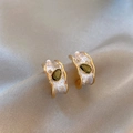 Detail of French vintage hoop earrings with olive green pear-cut zircon and gold trim - French Retro Style (HE30503-1-) / Gold/White/Green