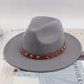 Grey wide-brim wool felt fedora hat featuring a brown leather strap with metal studs - Flat Brim Rivet Wave Decor / Gray