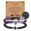 Projection bead bracelet set for couples with matte black and purple stones on card - Frosted Stone and Purple Striped Agate
