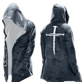 Men's dark grey hooded long cardigan with white cross print on back view - Xjk01025072340