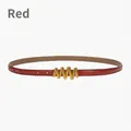 Slim red genuine leather belt with an elegant gold wavy metal buckle for women - Red