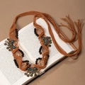 Detail of bohemian hand-woven waist chain with wooden beads and vintage moon pendant - Antique Bronze Crescent Tassel Light Coffee (X451-5)