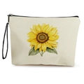 Beige linen sunflower makeup bag with black zipper and wristlet strap for travel - Single Realistic Sunflower (Style 3)