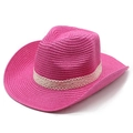 Close-up of magenta woven straw cowboy hat featuring an elegant white lace band detail - M (56-58cm) / Rose Red